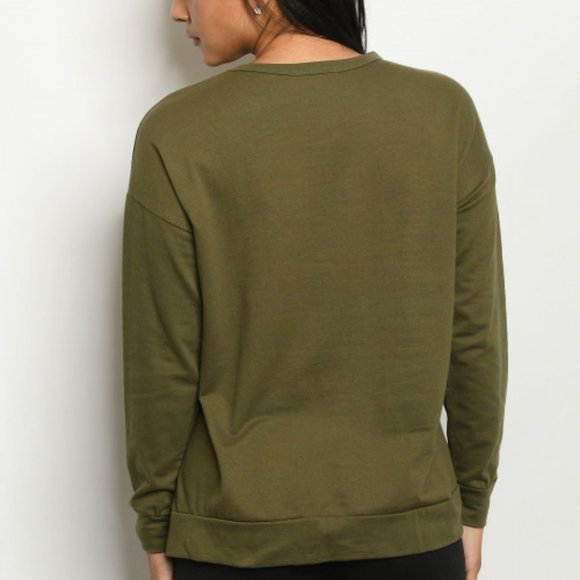 New Junior's Cute Boutique Graphic Olive green top - Picture 2 of 2
